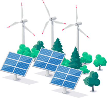 Illustration of windmills, trees and solarpanels